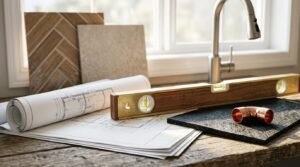 Architectural renovation blueprints, a brass-bound wooden spirit level, a copper pipe elbow, and material sample boards on a rustic wooden countertop beside a kitchen sink faucet