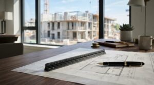 Architectural blueprints with a black triangular scale ruler and a fountain pen on a wooden office desk overlooking a concrete building construction site through the window
