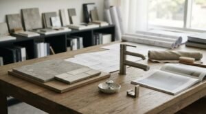 Bathroom renovation planning with tile samples, faucet, fittings, and design plans on a workspace