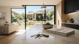 A set of house keys with a leather fob and a bound stack of property investment financial reports resting on a marble kitchen island overlooking an open living room and landscaped backyard patio