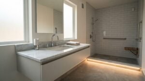 Smart accessible bathroom with digital shower control panel, floating marble vanity, under-cabinet LED night lighting, safety grab bars, and fold-down teak shower bench