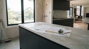 Architectural floor plans, an extended tape measure, and a pencil resting on a light grey stone kitchen island in a modern home under renovation, with unfinished plastered walls, exposed electrical wiring, and open-plan living spaces