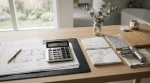 Bathroom renovation budget planning with calculator, floor plans, tile samples, wood finish, and faucet on a table