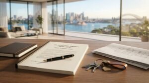An architectural services agreement with a fountain pen, house keys on a leather keychain, and floor plans on a wooden desk overlooking Sydney Harbour
