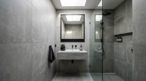 Compact modern ensuite bathroom featuring large-format grey concrete-look tiles, floating stone basin vanity, black mirrored medicine cabinet, skylight, and frameless glass shower