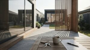 A steaming cup of coffee, house keys with a leather fob, and a lease document on an outdoor wooden table looking past a vertical timber privacy screen toward a detached backyard granny flat