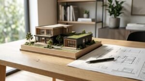A detailed architectural scale model of a modern two-story home featuring a green living roof, displayed beside floor plan blueprints and a pen on an oak office table