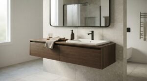 Floating dark walnut vanity with drop-in ceramic sink, matte black mixer tap, pill-shaped black frame mirror, and travertine wall tiles