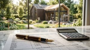 A wood-and-gold fountain pen resting on a detailed construction budget spreadsheet next to a calculator on a marble countertop overlooking a modern timber home being built in the backyard