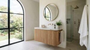 Modern luxury bathroom featuring a floating fluted oak vanity with marble top, circular brass mirror, arched black grid window, and walk-in glass shower