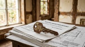 A rusty vintage house key resting on a building inspection report and renovation architectural blueprints inside a dilapidated room undergoing restoration