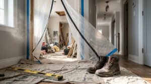 Home renovation workspace with a dust containment barrier, work boots, spirit level, and construction tools in a hallway