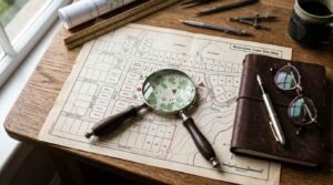 A vintage magnifying glass placed over a detailed town site map alongside a leather-bound notebook, fountain pen, eyeglasses, and drafting tools on a wooden desk