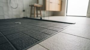 Low-angle close-up of textured charcoal black square mosaic floor tiles in a curbless walk-in shower meeting smooth beige bathroom floor tiles at a metal transition strip