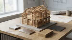 An intricate wooden architectural scale model of a two-story house frame with exposed roof trusses, displayed on a wooden desk alongside concrete, metal, timber, and slate material sample swatches, with rolled blueprints in the background