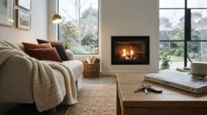 A set of house keys with a leather fob and a design book on a timber coffee table in a cozy living room featuring a lit modern fireplace, cream bouclé armchair with a knit throw blanket, and garden-view windows