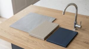A kitchen material mood board featuring samples of grey textured porcelain tile, beige quartz stone, and navy blue cabinetry on a light oak countertop beside a chrome gooseneck faucet