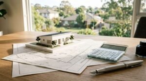 A miniature modern house model resting on topographical contour survey maps beside a glass calculator showing 385,000.00, a fountain pen, and an ink bottle on a sunlit oak desk overlooking a suburban neighborhood