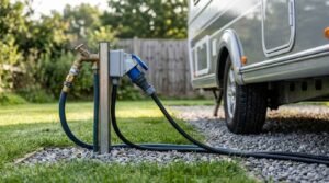 An outdoor utility hookup post with a connected water hose and a blue electrical hookup cable plugged in beside a camper caravan on a gravel pad
