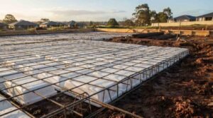 A residential house foundation site prepared for concrete pouring, showing a waffle pod slab system with polystyrene foam pods, steel reinforcement rebar mesh, and perimeter timber formwork