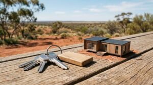 A set of house keys with a wooden keychain resting next to a miniature scale model of a modern timber modular cabin on a weathered wooden railing, with a vast Australian outback landscape in the background