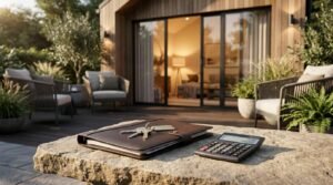 A brown leather portfolio folder with house keys resting on top, alongside a desktop calculator on a stone ledge overlooking a modern timber guest house patio with outdoor armchairs