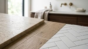 Close-up of bathroom material samples featuring travertine stone, natural oak wood grain, and white herringbone subway tile next to a blurred vanity with brass tapware