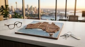 A 3D wooden topographic relief map of Australia in resin displayed on a white marble desk beside tortoiseshell eyeglasses and a set of keys with a metal tag, overlooking a sunlit city skyline and harbour through large windows