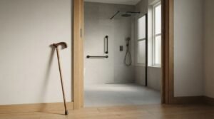 Accessible walk-in bathroom with grab rails and barrier-free shower design for seniors and mobility support