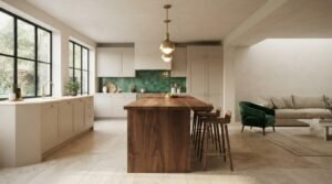 A spacious open-plan kitchen and living area featuring a rich walnut island with bar stools, neutral shaker-style cabinets, a glossy emerald green square tile backsplash, and a coordinating green velvet armchair in the adjacent lounge
