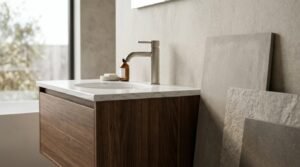 Modern floating wood bathroom vanity with porcelain slab samples and brushed nickel faucet