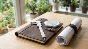 A brown leather-bound journal with a vernier caliper and a hexagonal marble tile sample on top, set beside a rolled architectural blueprint secured with a leather strap on an oak table