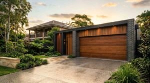 A modern detached double garage featuring a rich wood-look sectional door, charcoal brick pillars, vertical timber cladding, and an exposed aggregate concrete driveway framed by landscaped gardens at sunset
