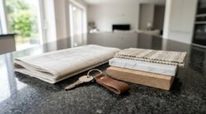 A folded set of architectural blueprints, a house key with a brown leather fob, and a stack of interior finish samples—including oak wood, marble, and textured upholstery fabric—resting on a dark granite kitchen countertop