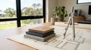 A stainless steel drafting compass standing upright on an architectural floor plan blueprint beside a stack of concrete, dark slate, and oak wood material sample tiles on an architect's desk