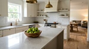 A rustic wooden bowl filled with vibrant green apples on a white quartz island countertop in a modern farmhouse kitchen with shaker cabinets, subway tile backsplash, and brass pendant lights