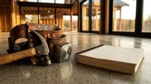 A worn leather carpenter's tool belt with a hammer and metal tape measure resting beside a spiral-bound blank notebook on a polished concrete floor inside a timber-framed house build