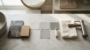 Flat lay bathroom material palette on a white marble countertop featuring dark marble swatch, light oak block, neutral paint swatches, linen hand towel, and a brushed nickel tap