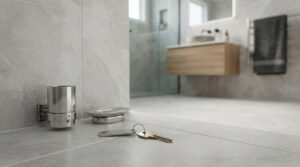 Modern bathroom with gray floor tiles, floating vanity, and house keys after renovation completion