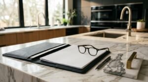 Modern kitchen with marble island, notebook, eyeglasses, pen, and cabinet hardware for renovation planning