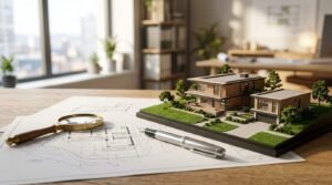 A detailed architectural scale model of a modern multi-level home with a landscaped yard, placed on topographical blueprints beside a vintage brass magnifying glass and a silver fountain pen