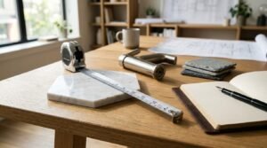 Tape measure, marble sample, and bathroom fixture on a renovation planning desk