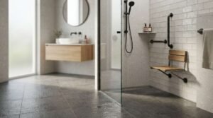 Modern accessible bathroom featuring a curbless walk-in shower with a wall-mounted fold-down wooden bench, matte black L-shaped grab rail, handheld shower head, and non-slip grey tile flooring