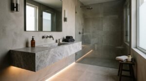 Minimalist master bathroom featuring a floating grey marble integrated vanity, wall-mounted gunmetal taps, microcement plaster walls, LED under-bench strip lighting, and a curbless walk-in shower