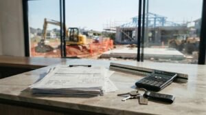 A stack of contractor invoice documents on a clipboard, a scientific calculator, a triangular scale ruler, and house keys on a marble counter overlooking an active residential construction site with an excavator