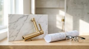 Modern brushed gold kitchen faucet displayed with white marble slab, architectural blueprints, and eyeglasses on a wooden countertop in a contemporary home renovation setting