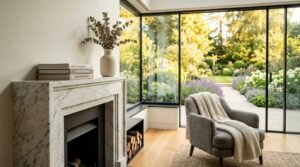 Modern living room with marble fireplace, cozy armchair, and floor-to-ceiling glass doors overlooking a landscaped garden
