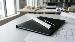 Architectural workspace with blueprints, ruler, pen, and project folder on a drafting table