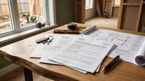 Bathroom renovation proposal and construction blueprints on a wooden table with measuring tools, house keys, and remodeling plans inside a residential renovation project.