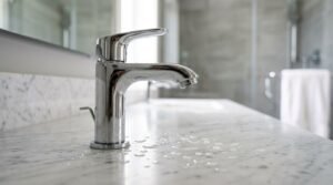 Modern chrome bathroom faucet installed on a marble vanity countertop with water droplets, showcasing a completed bathroom renovation